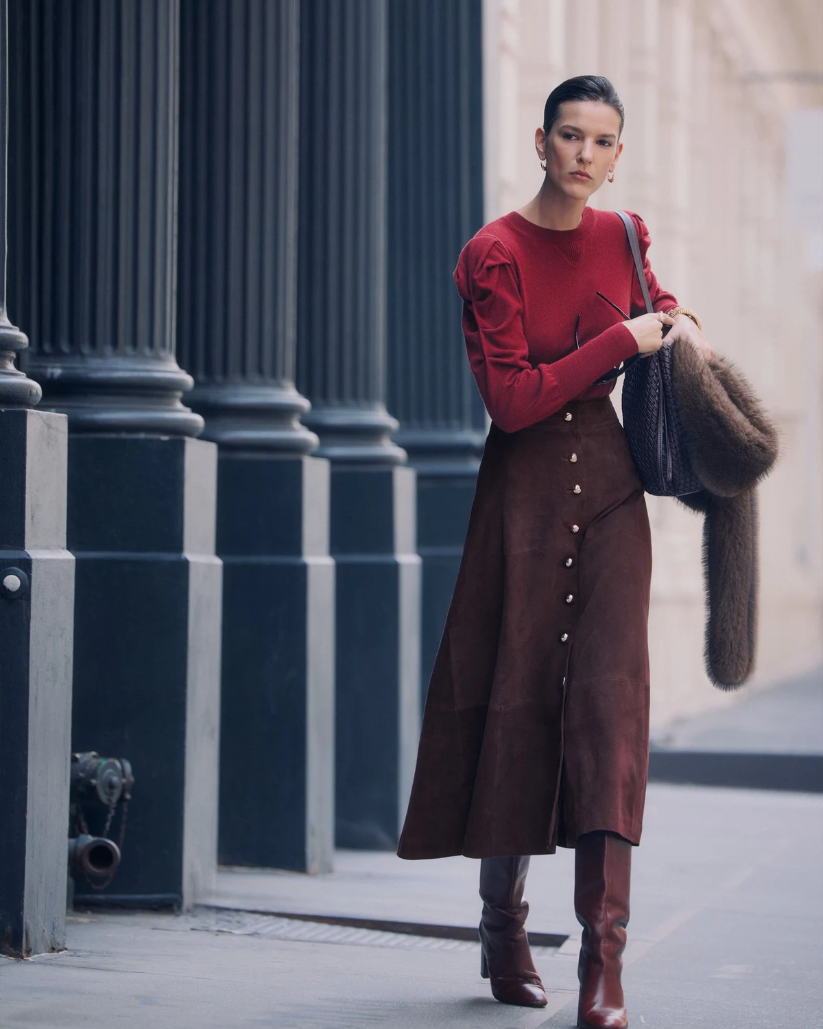 Red Sweater and Suede Skirt