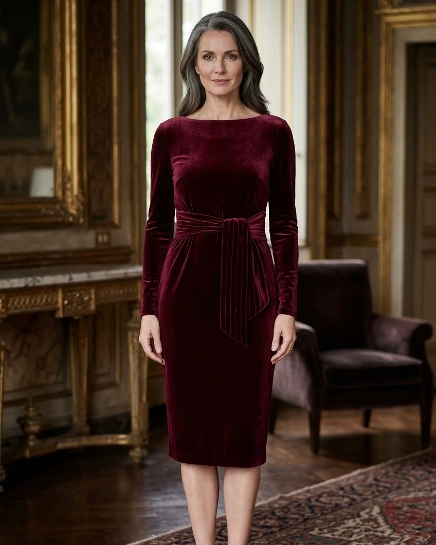 Burgundy Velvet Knee Dress