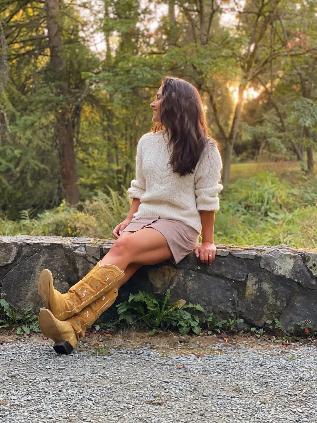 Cream Cable Sweater and Taupe Skirt
